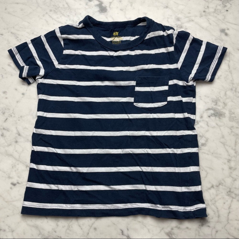 H&M Boys Organic Cotton Blue White Stripe Short Sleeve Pocket T-Shirt Tee 4-6